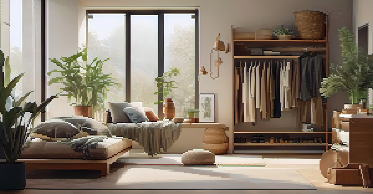 A minimalist wardrobe with sustainable fashion displayed, featuring earthy tones and natural light coming through a window, with a houseplant in the corner.