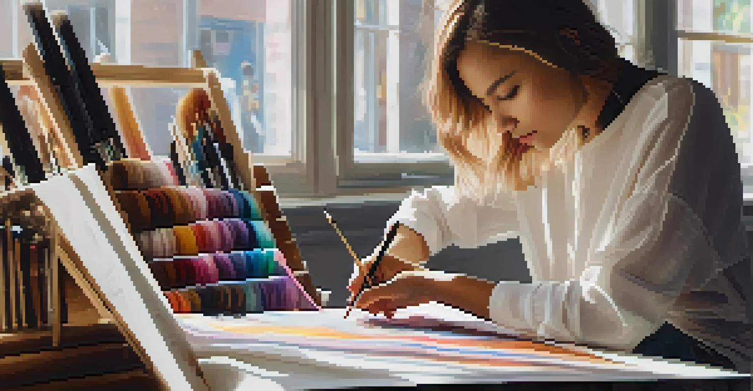 A fashion designer sketching inclusive clothing designs in a well-lit studio filled with colorful fabric swatches.