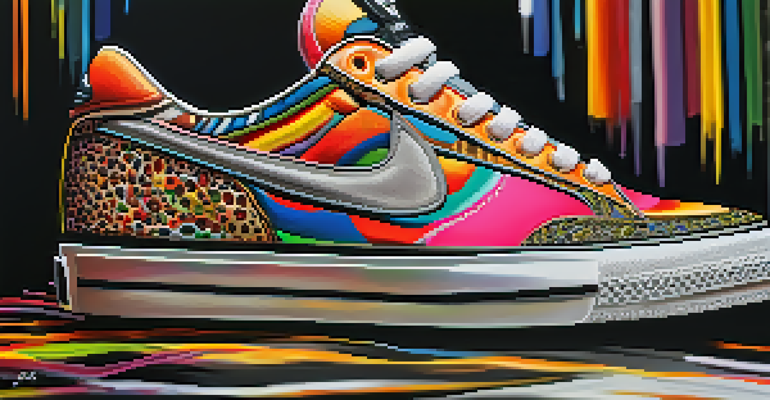 A close-up view of a limited edition sneaker with a unique design, showcasing bold colors and textures, placed on a black surface under soft lighting.