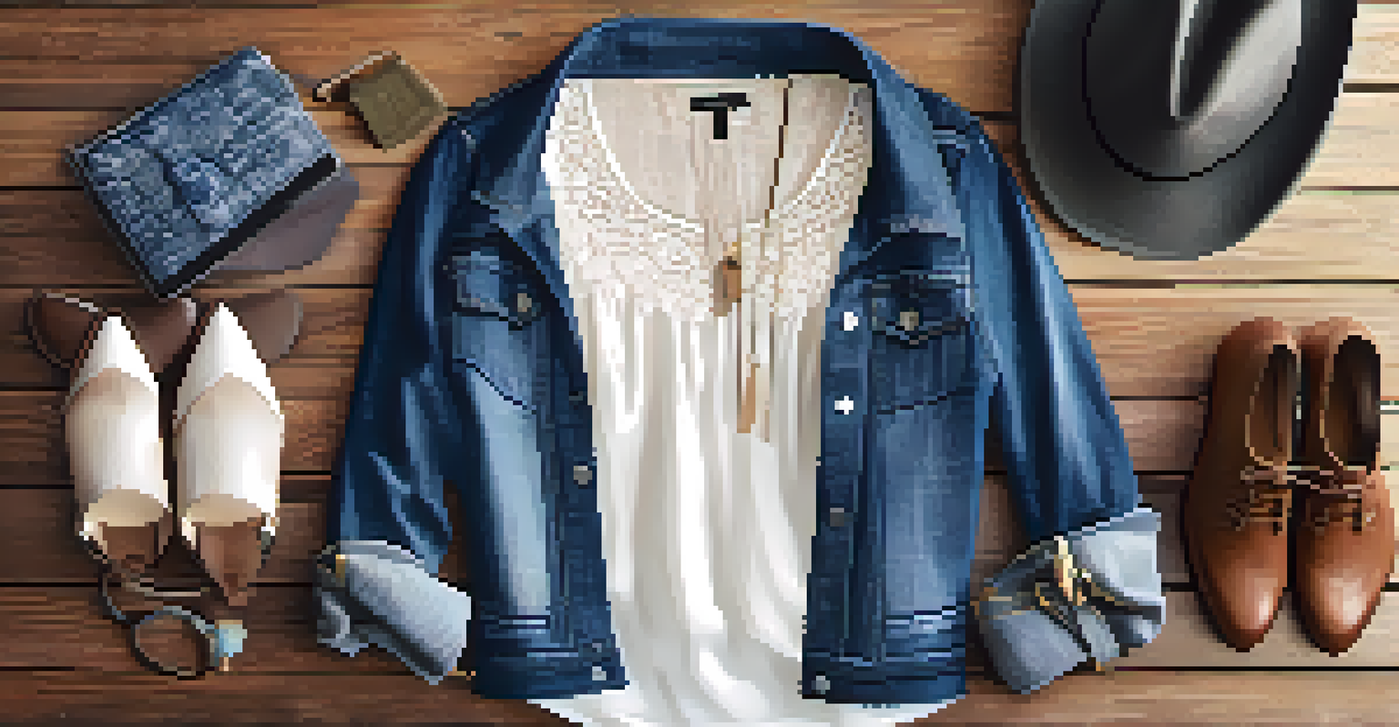 A stylish outfit displayed on a wooden table with fabric swatches and a notebook.