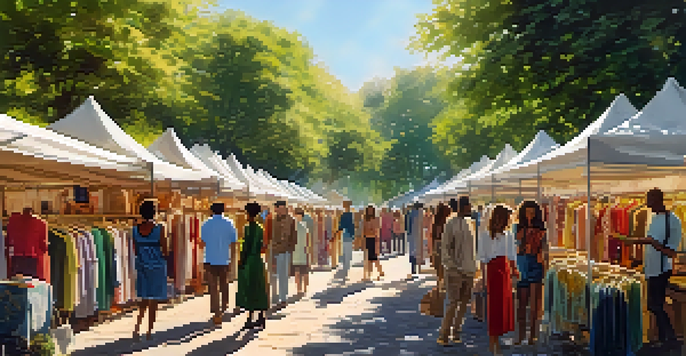 An outdoor sustainable fashion market with colorful stalls and shoppers browsing ethically sourced clothing under the sunlight.