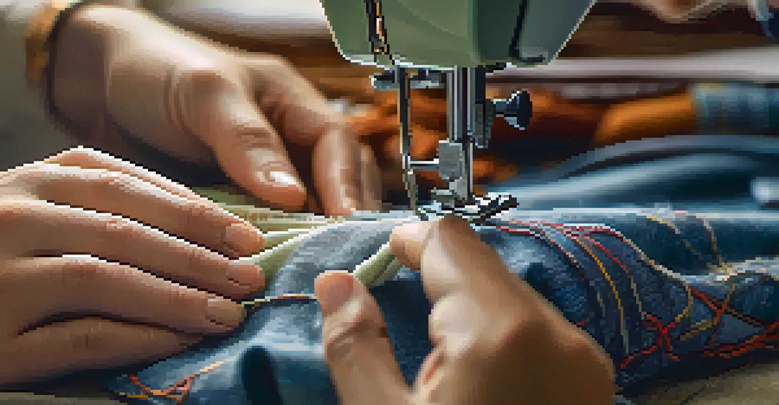 Hands repairing clothing with visible stitching and sewing tools in a softly lit environment, emphasizing the process of upcycling.