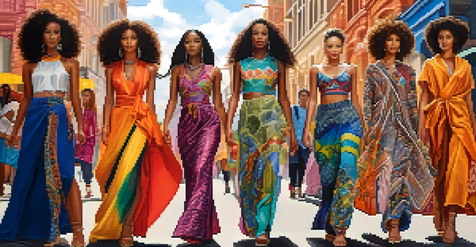 An outdoor fashion show with diverse models in culturally inspired clothing, set against a colorful urban backdrop.