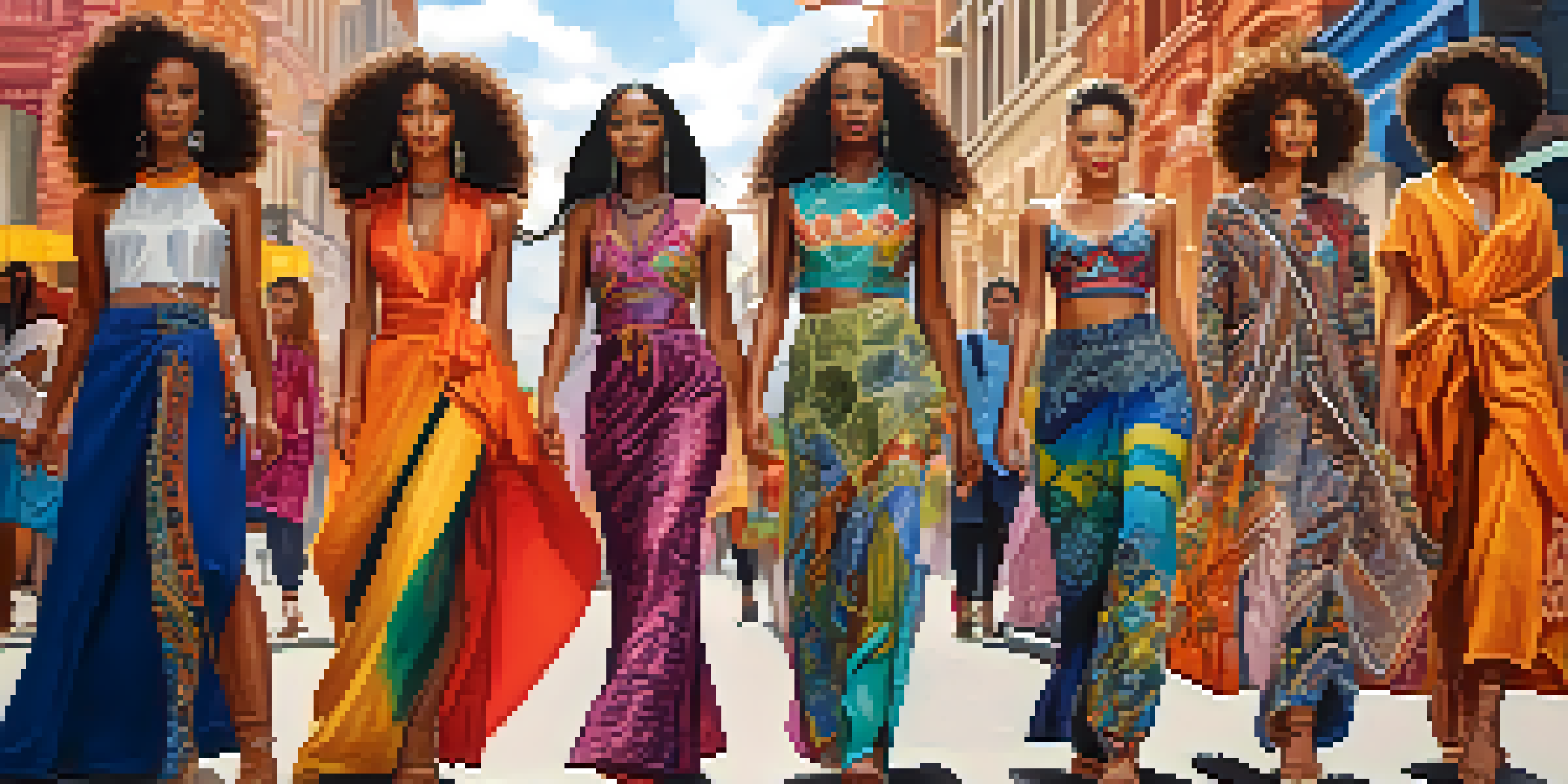 An outdoor fashion show with diverse models in culturally inspired clothing, set against a colorful urban backdrop.