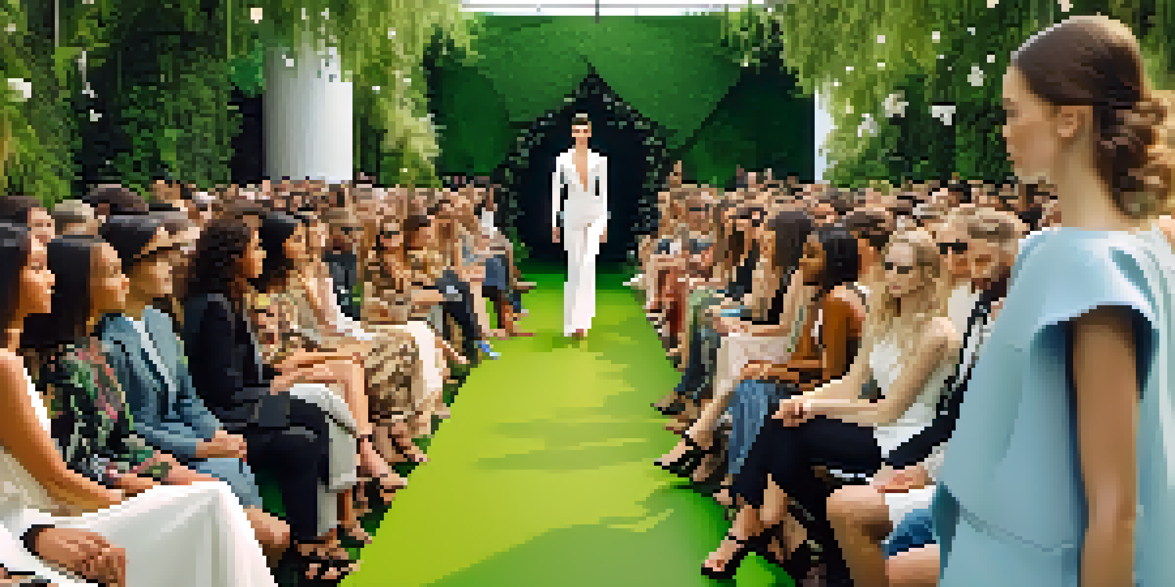 A fashion runway with diverse models in eco-friendly clothing, surrounded by greenery and an attentive audience.