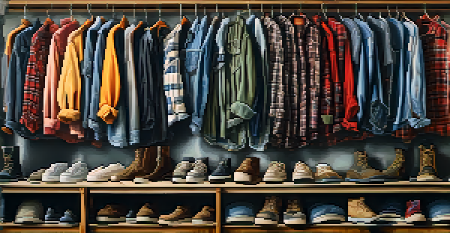 A detailed view of a thrift store showcasing classic 90s grunge clothing items.