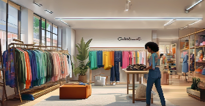 A colorful clothing store displaying a variety of gender-neutral fashion, with diverse customers browsing and interacting in a warm and inviting atmosphere.