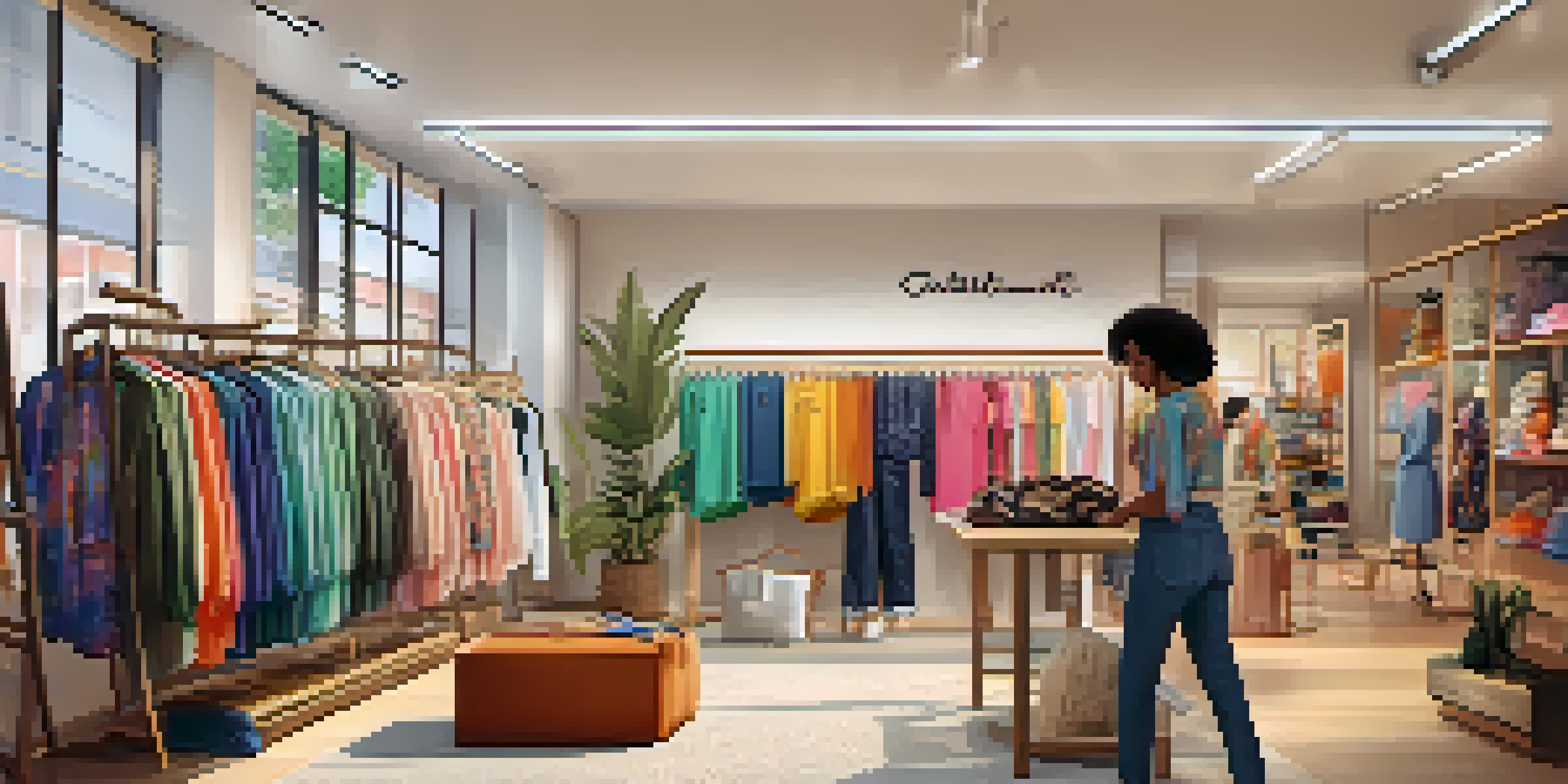 A colorful clothing store displaying a variety of gender-neutral fashion, with diverse customers browsing and interacting in a warm and inviting atmosphere.