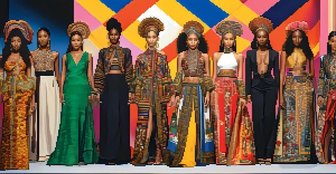 A fashion runway with diverse models wearing traditional and modern clothing, showcasing rich textiles and cultural motifs under soft lighting.