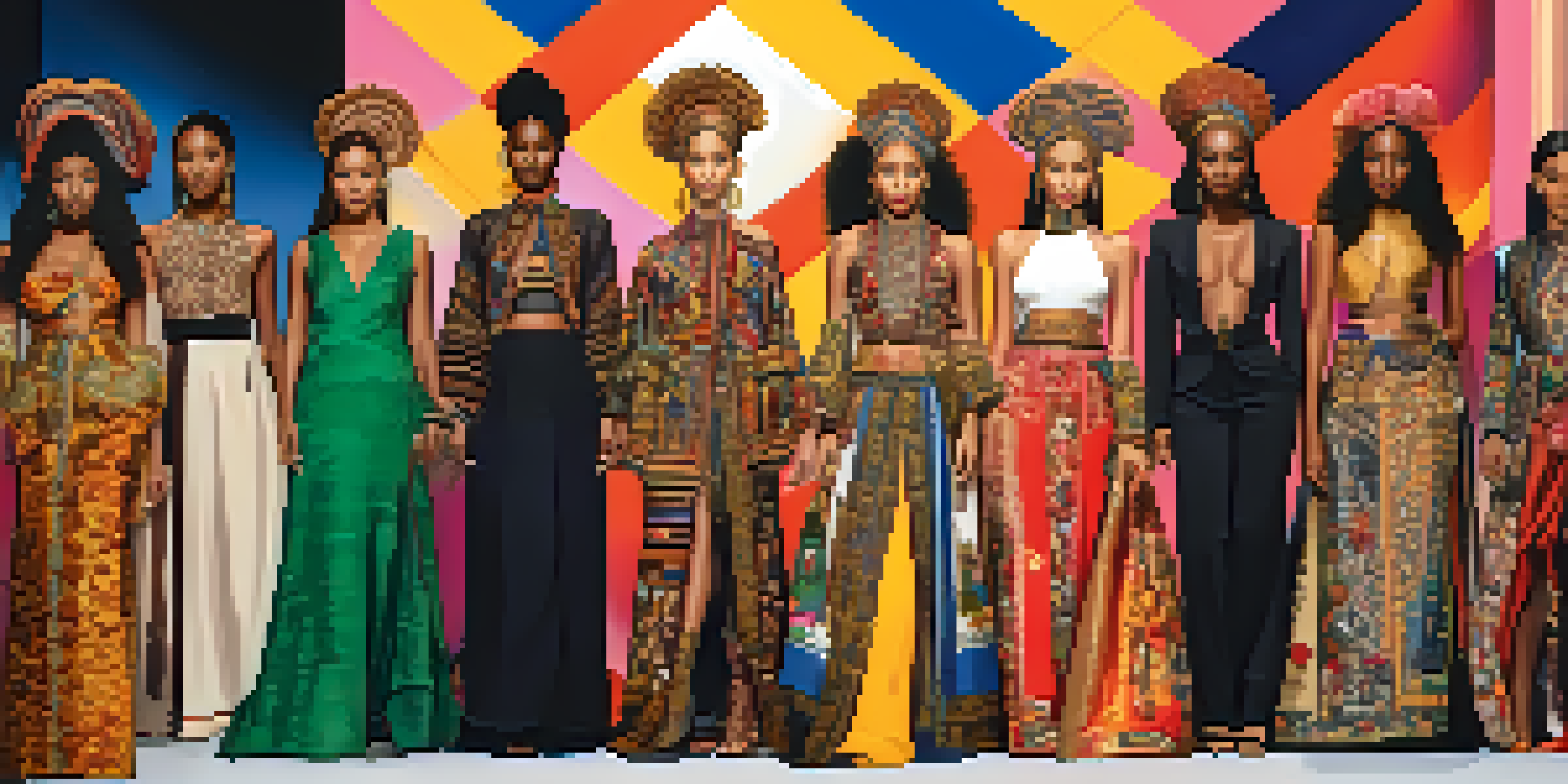 A fashion runway with diverse models wearing traditional and modern clothing, showcasing rich textiles and cultural motifs under soft lighting.