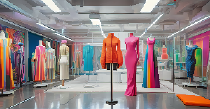 A modern fashion studio featuring colorful 3D-printed clothing displayed on mannequins with a designer working on a laptop.
