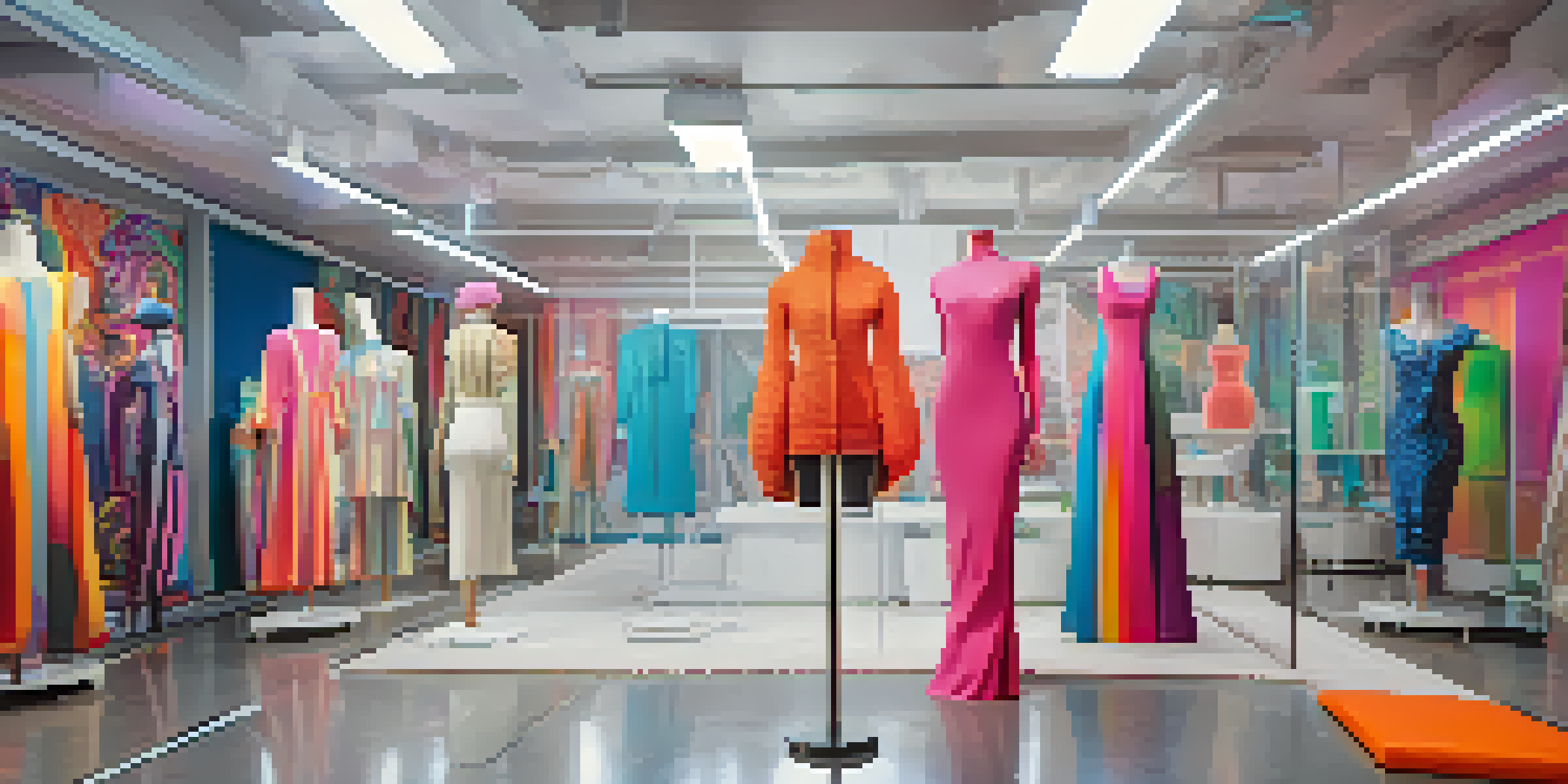 A modern fashion studio featuring colorful 3D-printed clothing displayed on mannequins with a designer working on a laptop.