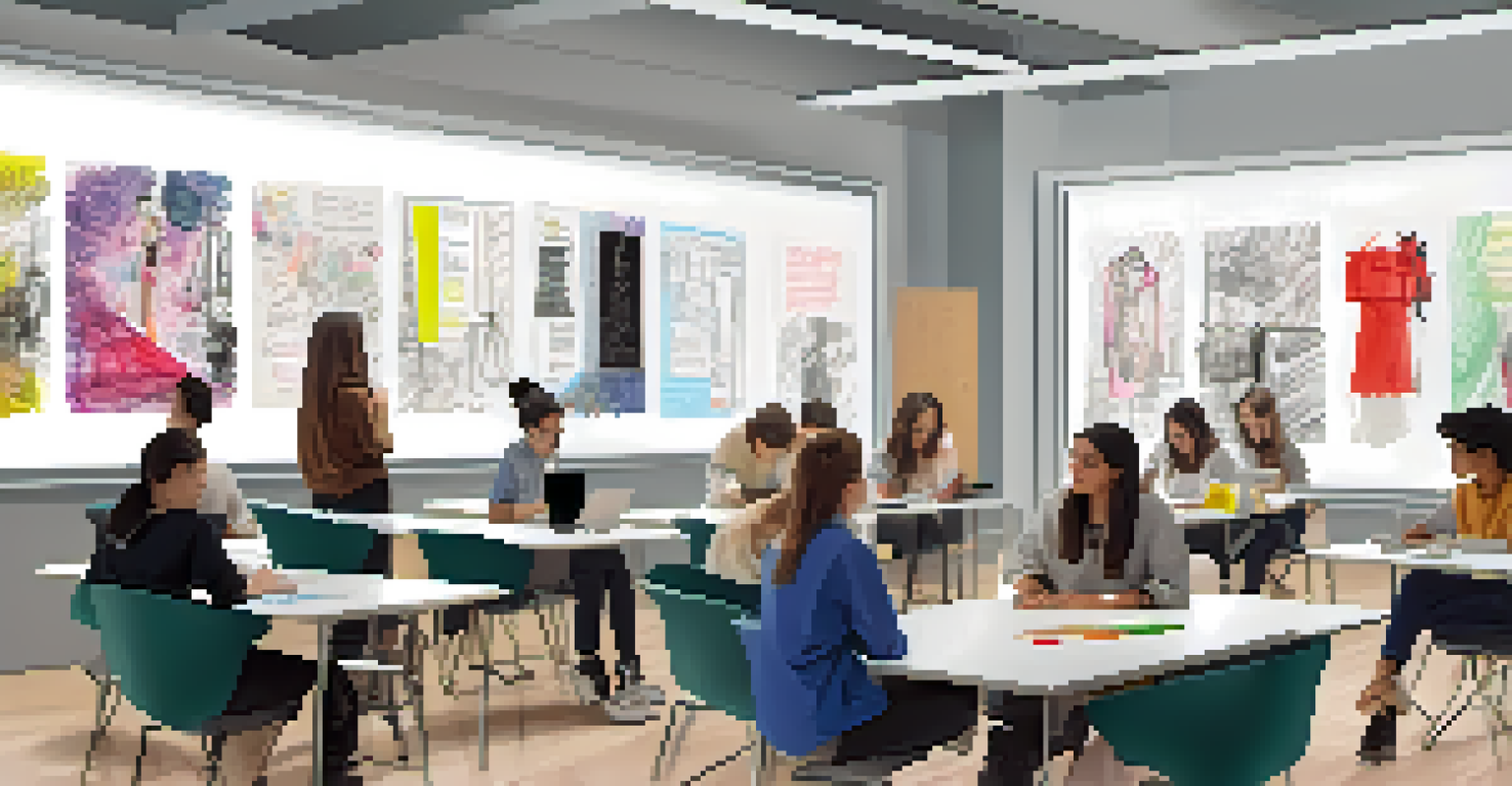 Students in a modern classroom brainstorming fashion design ideas with digital screens and sketches.