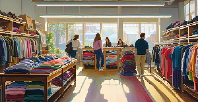 A bright thrift store with diverse shoppers browsing colorful second-hand clothing.