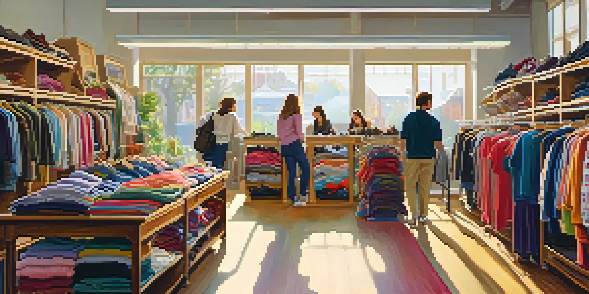 A bright thrift store with diverse shoppers browsing colorful second-hand clothing.