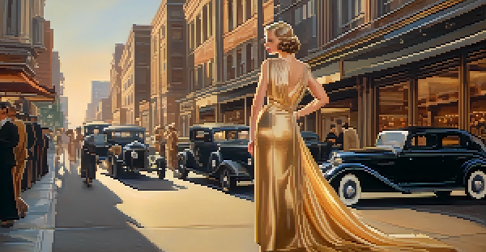 A woman in a 1930s evening dress with beadwork, standing on a city street with vintage cars and Art Deco buildings in the background, illuminated by warm golden light.