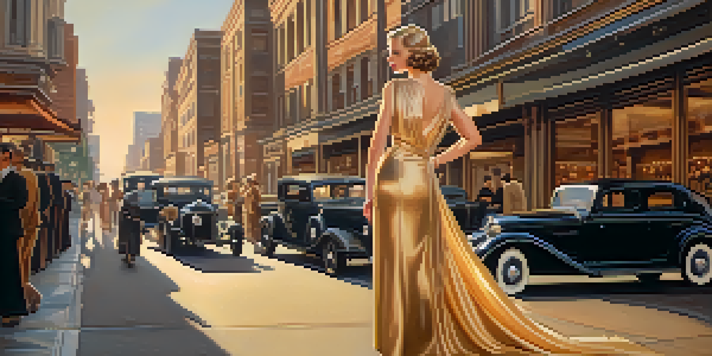 A woman in a 1930s evening dress with beadwork, standing on a city street with vintage cars and Art Deco buildings in the background, illuminated by warm golden light.