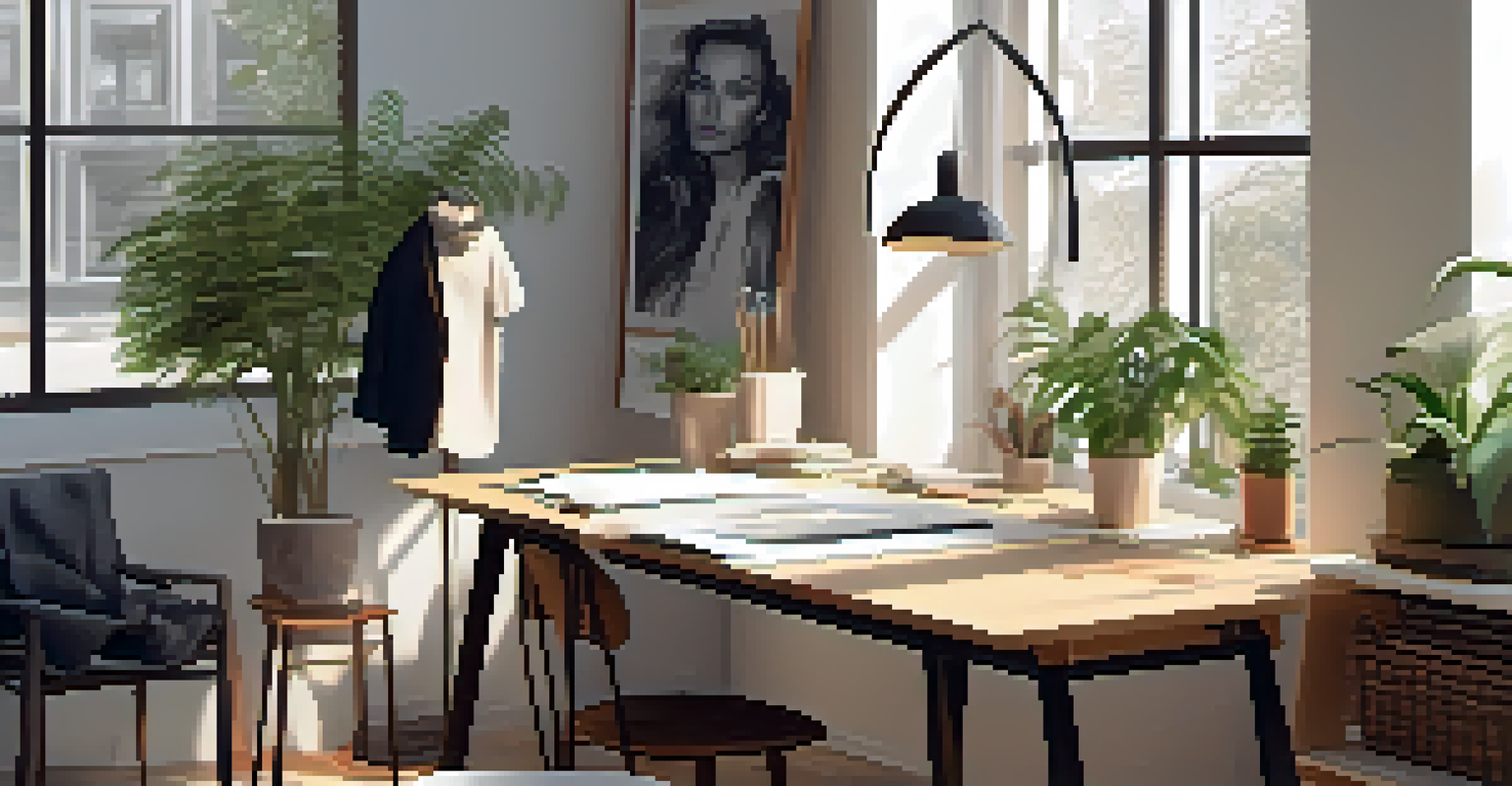 A fashion designer sketching sustainable clothing designs at a minimalist workspace, with eco-friendly materials and a potted plant in a softly lit room.