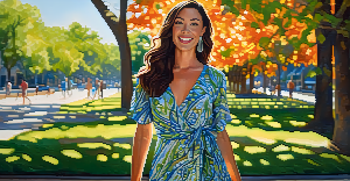 A confident woman in a colorful dress standing in a sunny park with trees and a blue sky in the background.
