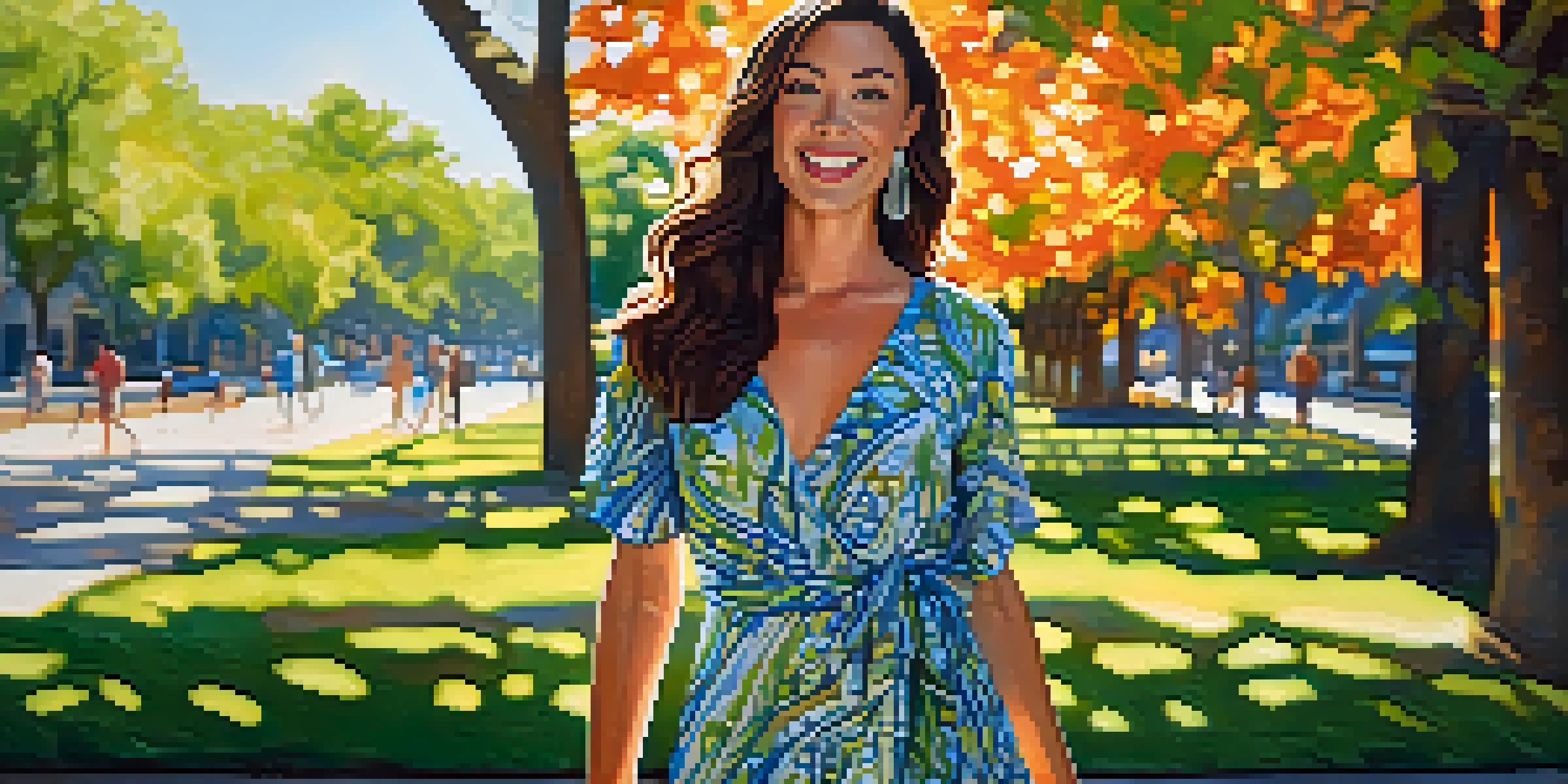 A confident woman in a colorful dress standing in a sunny park with trees and a blue sky in the background.