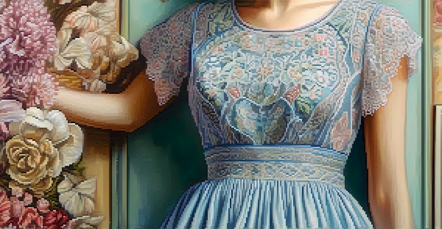 Close-up of a hand holding a vintage dress with intricate patterns, set against a blurred thrift shop background.