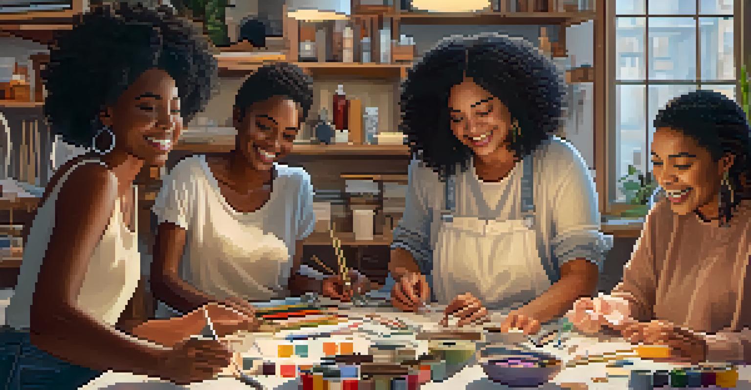 A diverse group of people collaborating on DIY fashion projects in a cozy workshop setting.