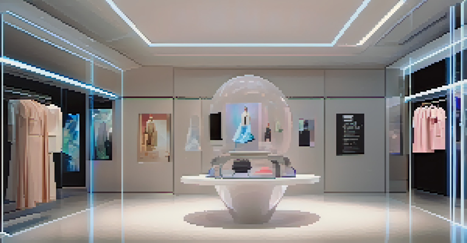 A virtual showroom with 3D holograms of clothing items, sleek design, and soft ambient lighting.