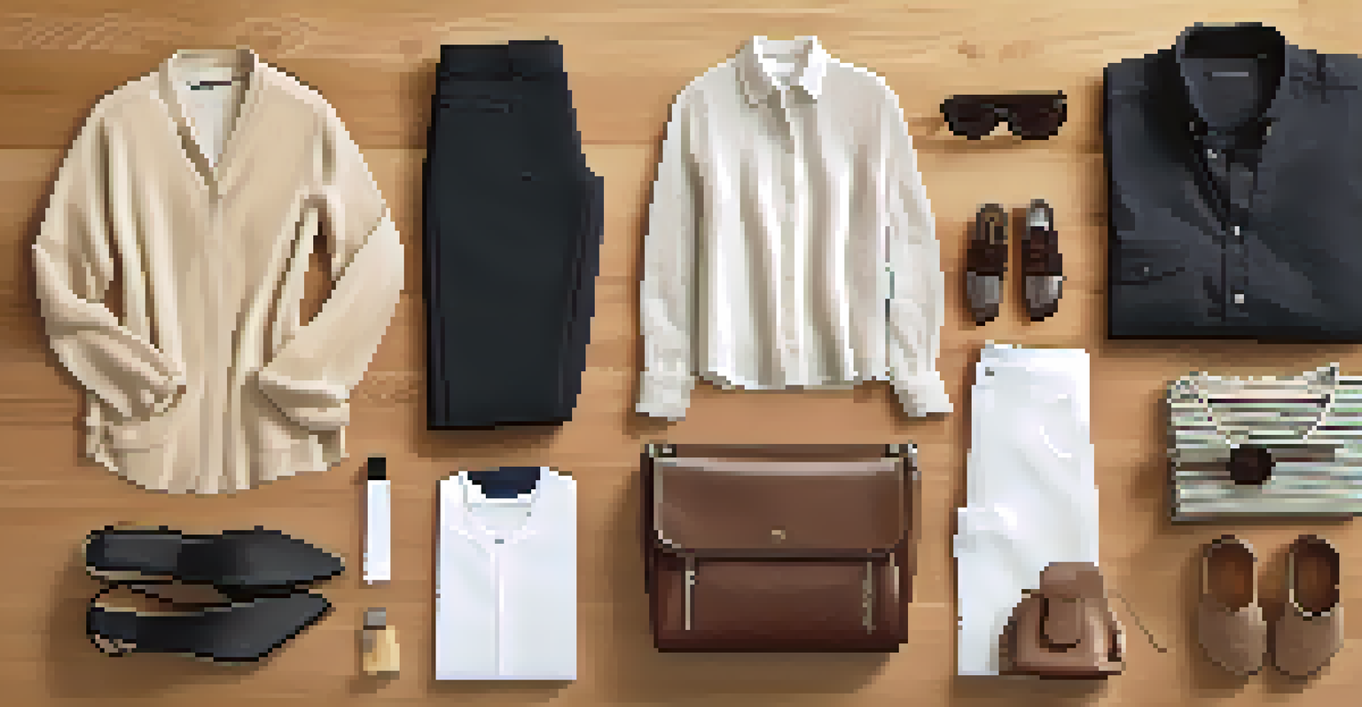 An organized capsule wardrobe with neutral clothing and high-quality accessories displayed on a wooden surface.
