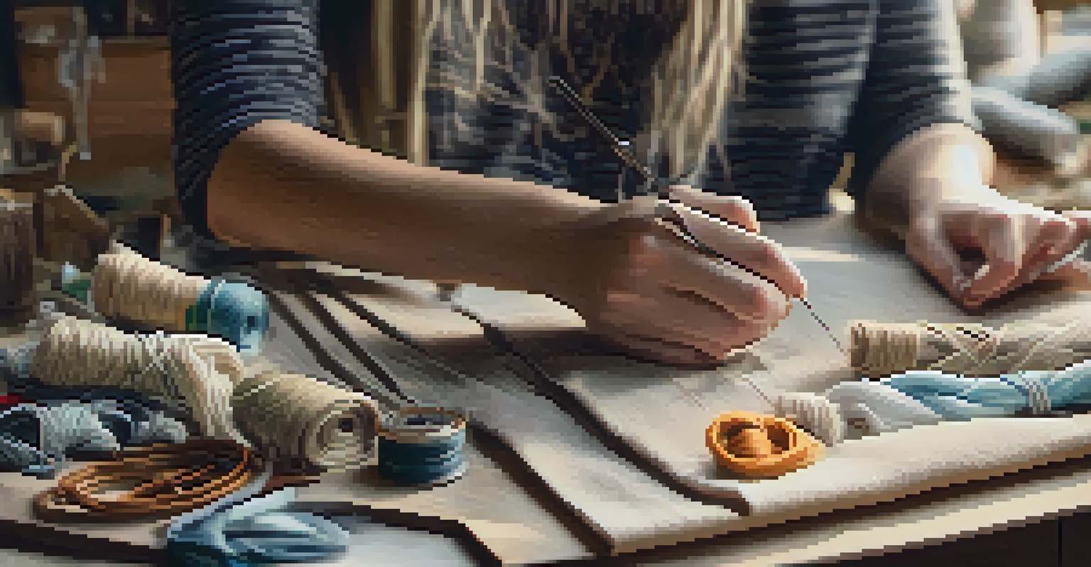 Close-up of hands sewing sustainable fashion items in a workshop, with eco-friendly materials and natural light highlighting the craftsmanship.
