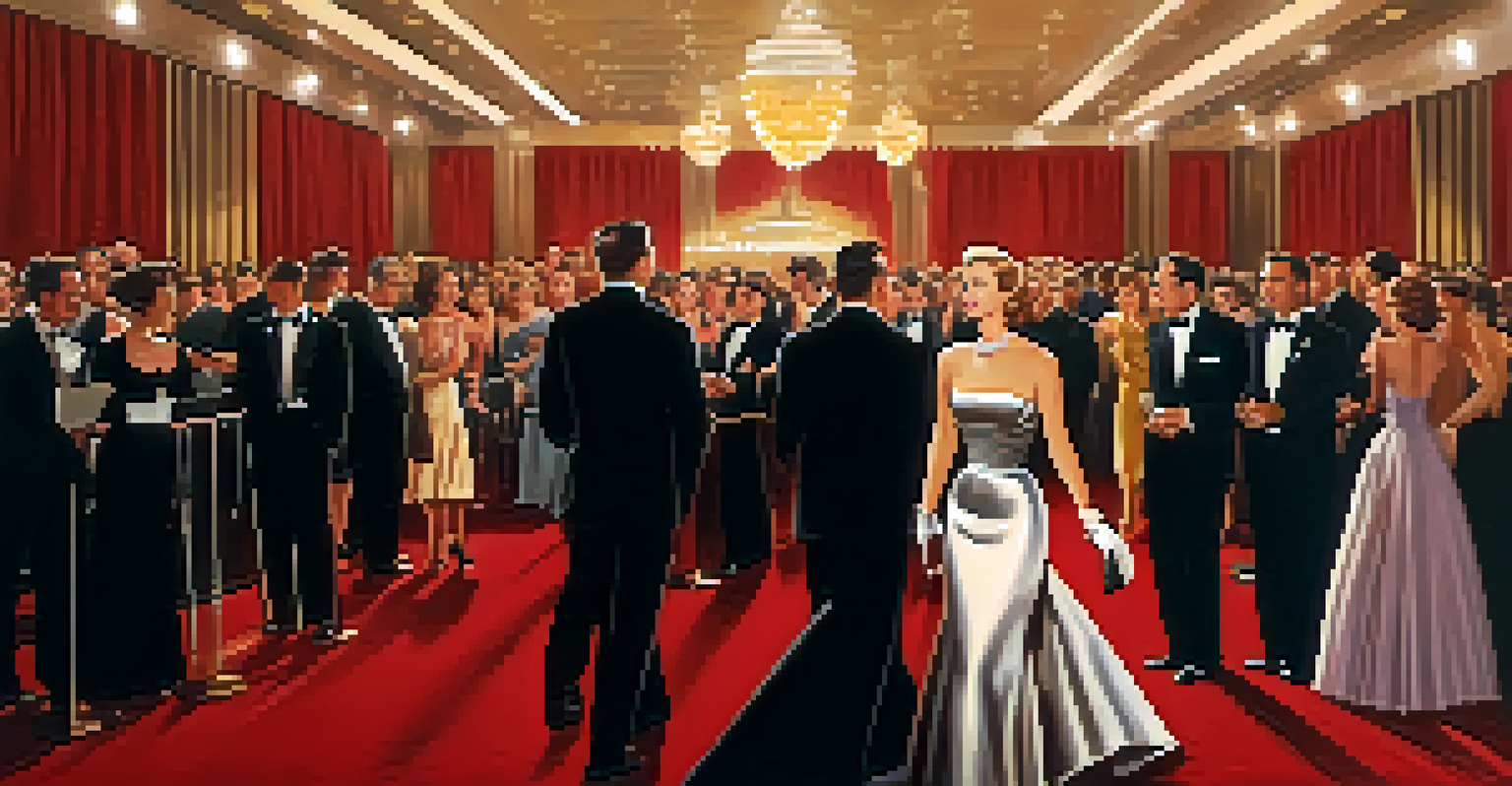 A famous actress in an elegant black gown poses on the red carpet surrounded by cameras and a cheering crowd during a 1950s Hollywood event.