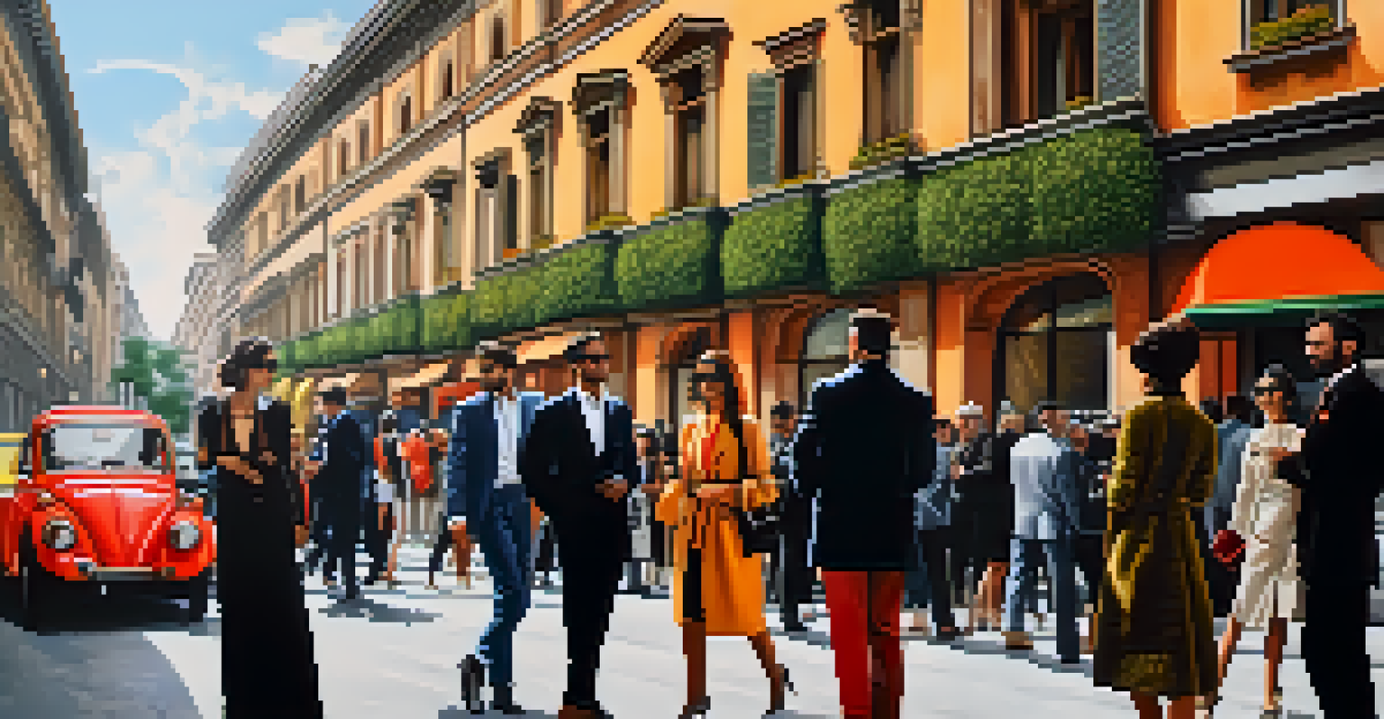 A bustling Milan street with fashionable individuals inspired by global cultures, set against a backdrop of iconic architecture and greenery.