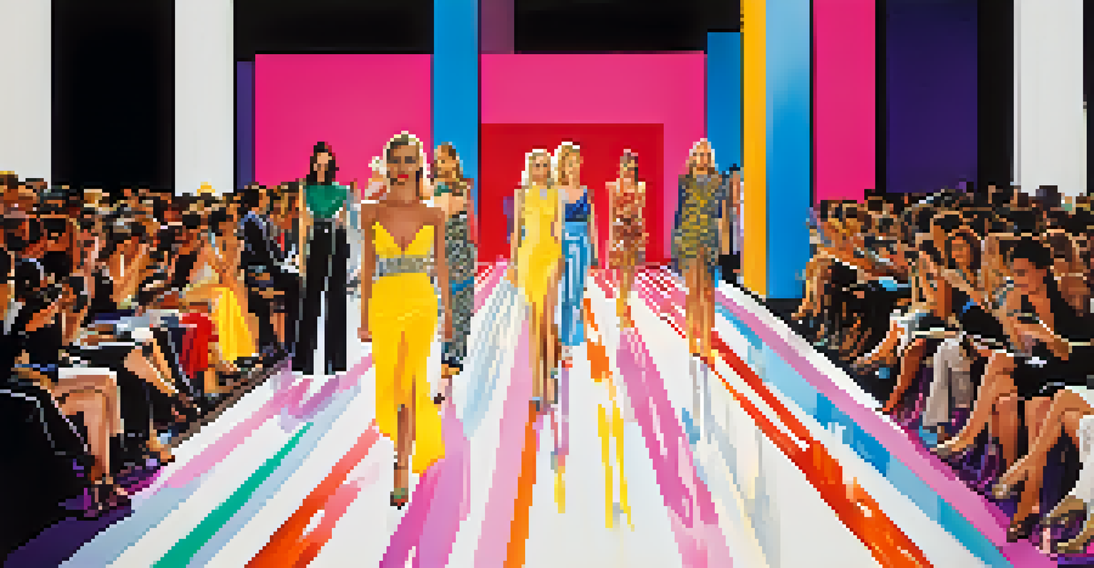 A vibrant runway show from the 1990s with models in bold Versace designs, flashing cameras, and an energetic audience, highlighting fashion as a form of self-expression.