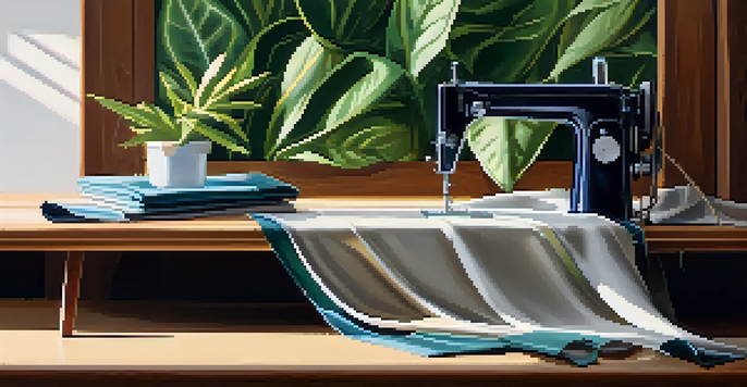 A detailed view of an eco-friendly fabric sample on a wooden table, illuminated by soft sunlight with plants and a sewing machine in the background.