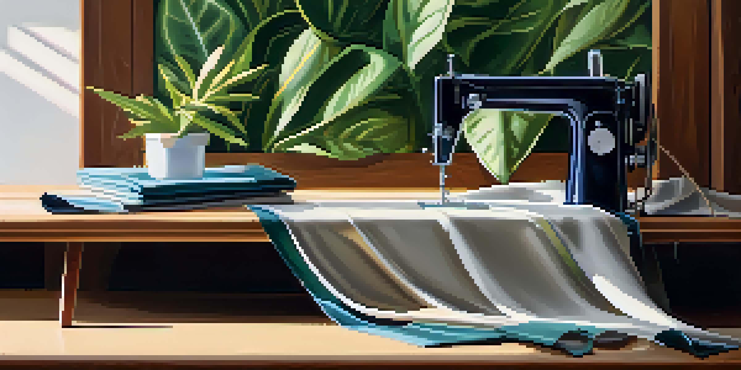 A detailed view of an eco-friendly fabric sample on a wooden table, illuminated by soft sunlight with plants and a sewing machine in the background.