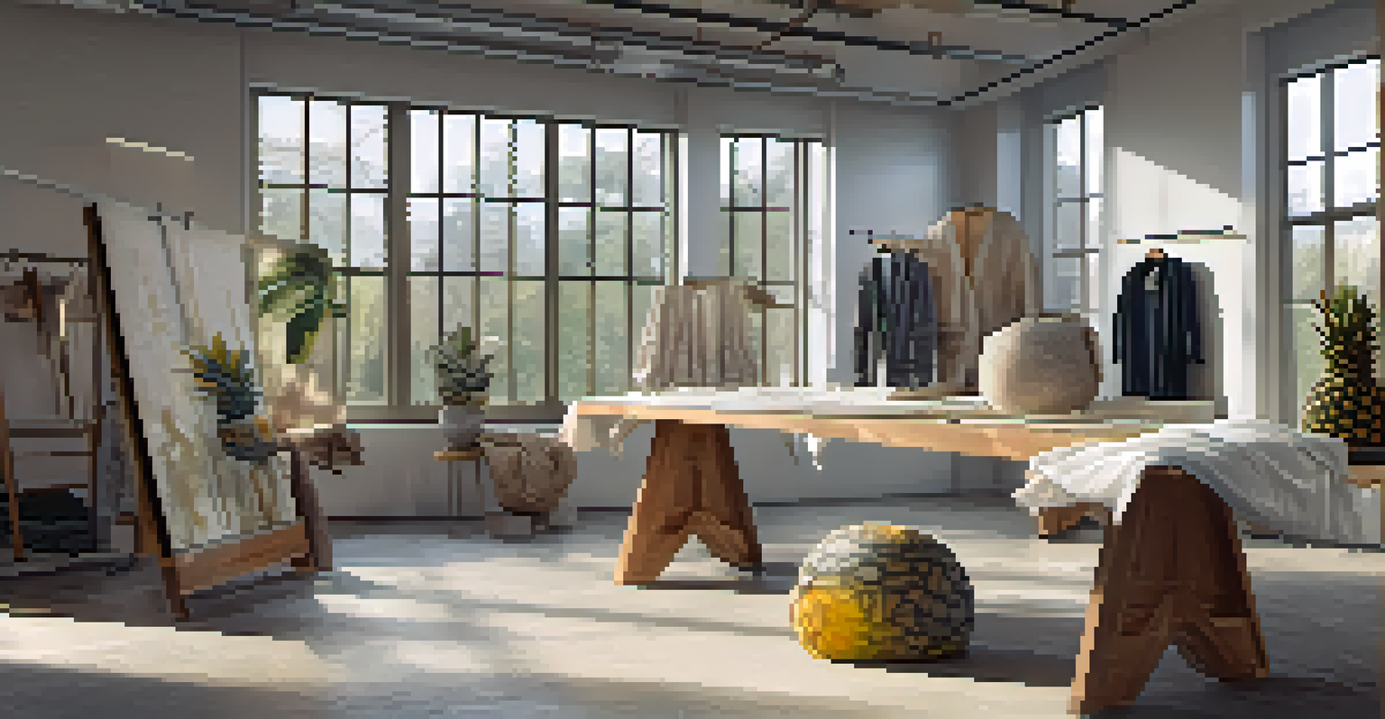 A fashion designer's studio showcasing innovative sustainable textiles, with natural light illuminating various eco-friendly materials and design sketches.