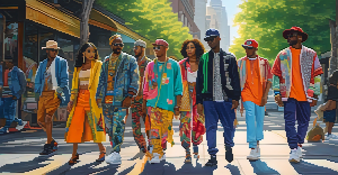 A colorful urban scene with diverse individuals wearing a mix of traditional and modern clothing styles, surrounded by street art and greenery.