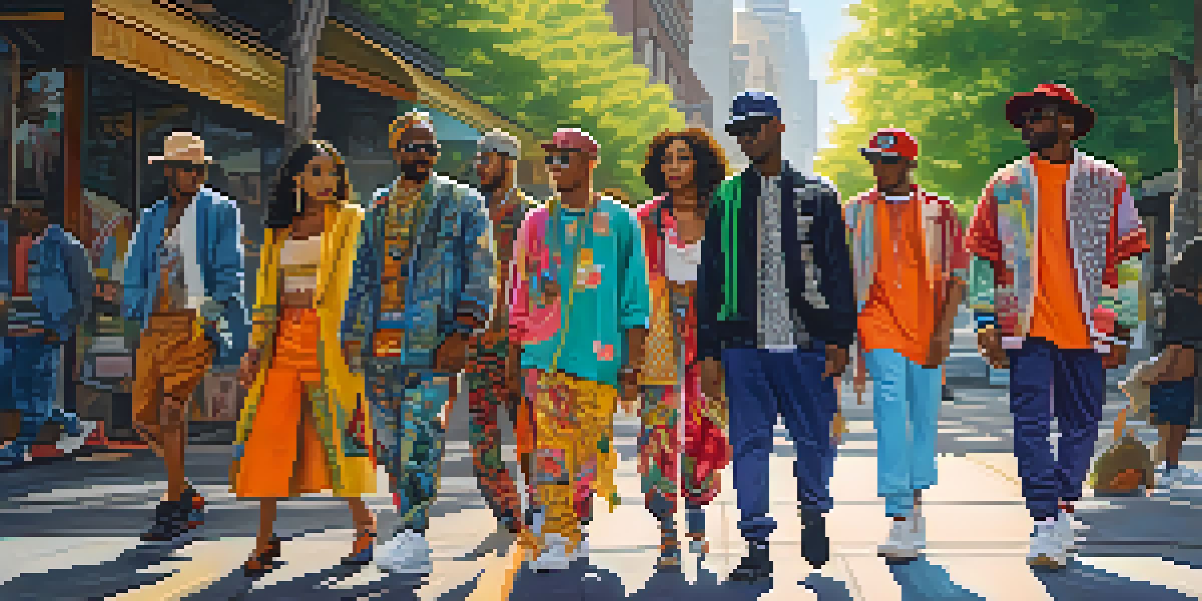 A colorful urban scene with diverse individuals wearing a mix of traditional and modern clothing styles, surrounded by street art and greenery.