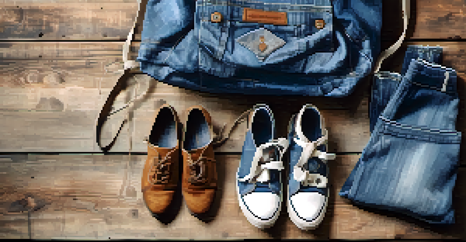 A flat lay of upcycled fashion items including a denim bag, recycled fabric scarf, and vintage shoes on a wooden surface.