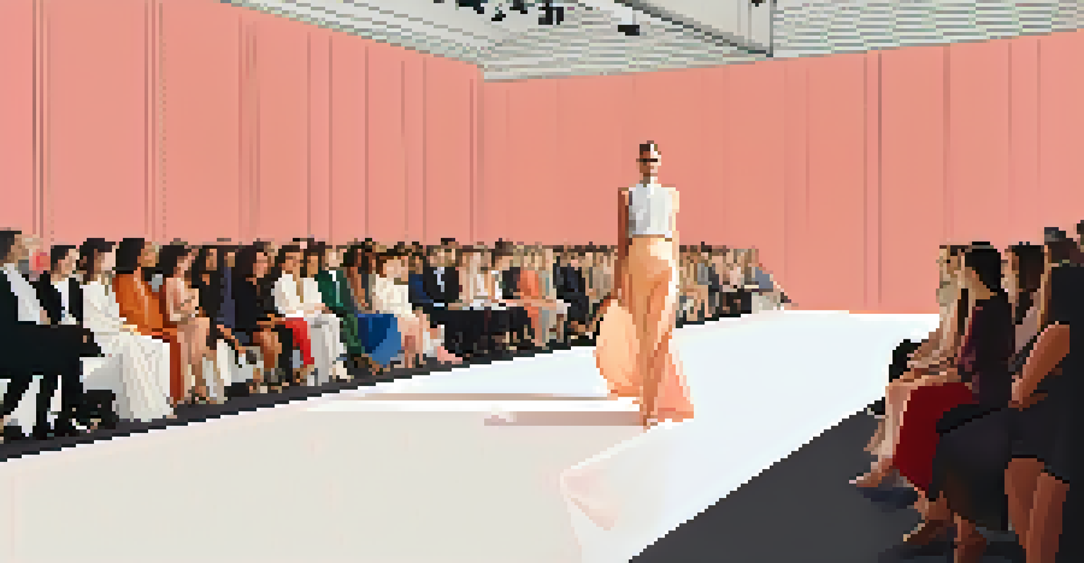A fashion runway with models of different gender identities displaying inclusive clothing designs, set against a minimalist background.