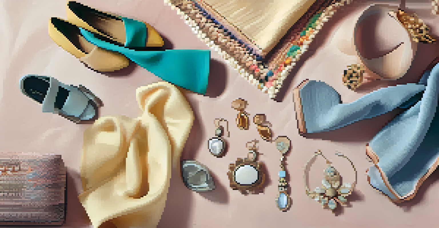 A flat lay of stylish fashion accessories like scarves and jewelry on a textured fabric, with soft colors and natural light.