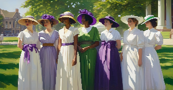 A diverse group of women in suffragette dresses, standing in a park, symbolizing empowerment and unity.