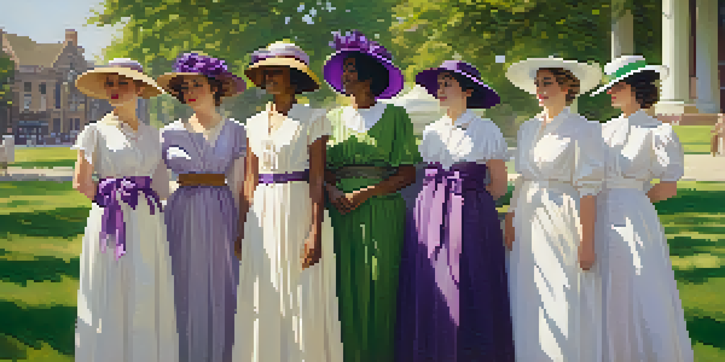 A diverse group of women in suffragette dresses, standing in a park, symbolizing empowerment and unity.