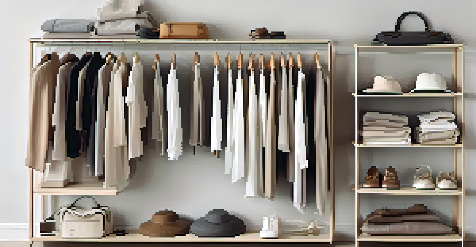 A neatly arranged capsule wardrobe with high-quality garments in muted tones on a light wooden shelf, illuminated by natural light.