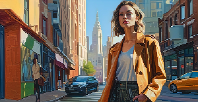 A confident woman in a gender-neutral outfit made from sustainable materials, standing in an urban setting with sunlight highlighting her clothing.