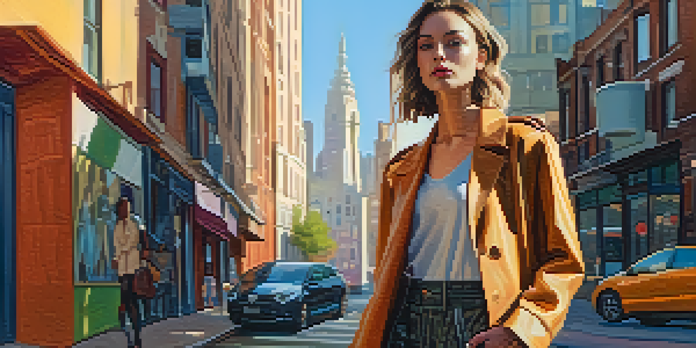 A confident woman in a gender-neutral outfit made from sustainable materials, standing in an urban setting with sunlight highlighting her clothing.