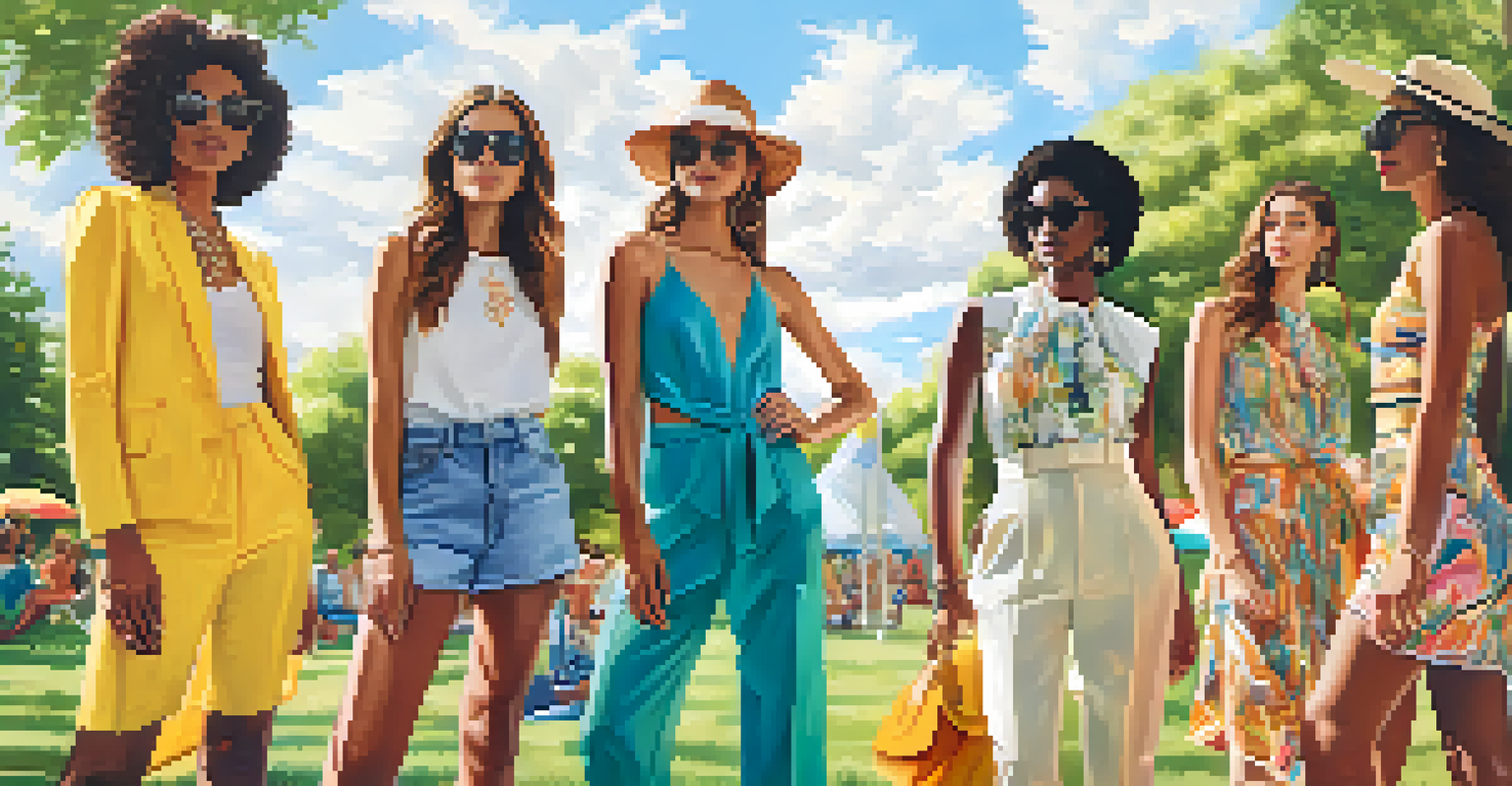 A diverse group of models in a sunny park, wearing vibrant summer fashion trends and stylish accessories.
