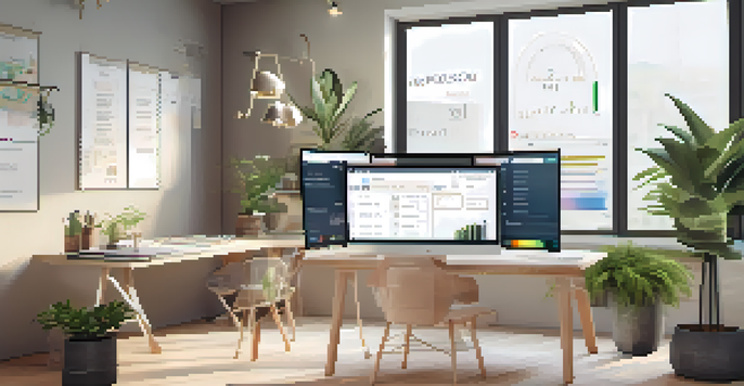 A digital workspace featuring a fashion forecasting tool interface with colorful graphs and intuitive icons, illuminated by natural light.