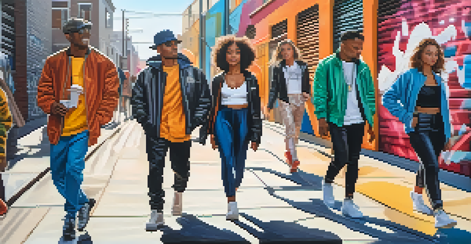 A diverse group of people in stylish outfits against a colorful urban backdrop.