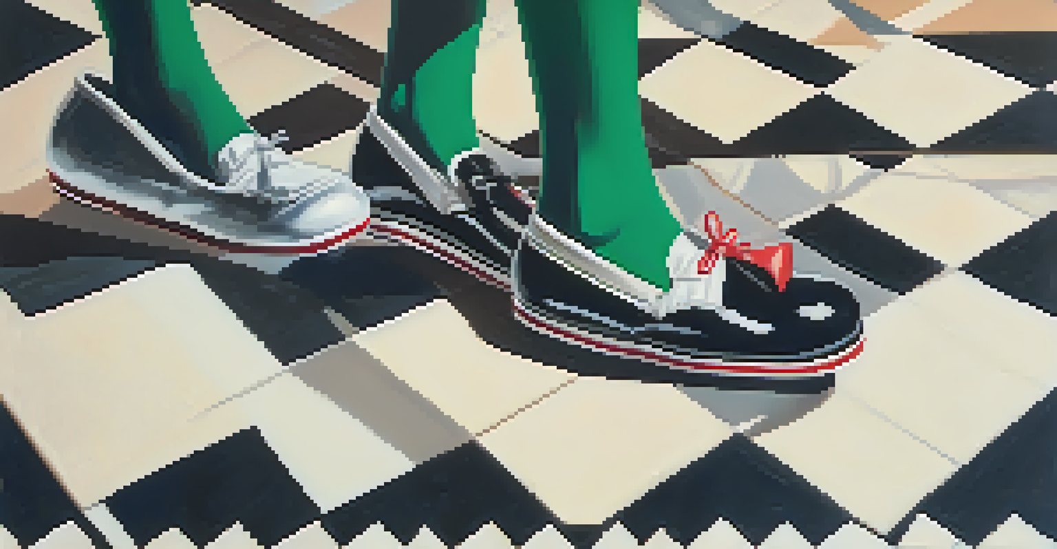 A close-up of various stylish 1950s footwear including ballet flats, kitten heels, and sneakers on a retro floor.