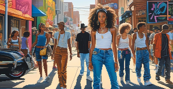 A lively street scene from the 2000s with young people in trendy fashion, colorful graffiti, and warm sunlight.